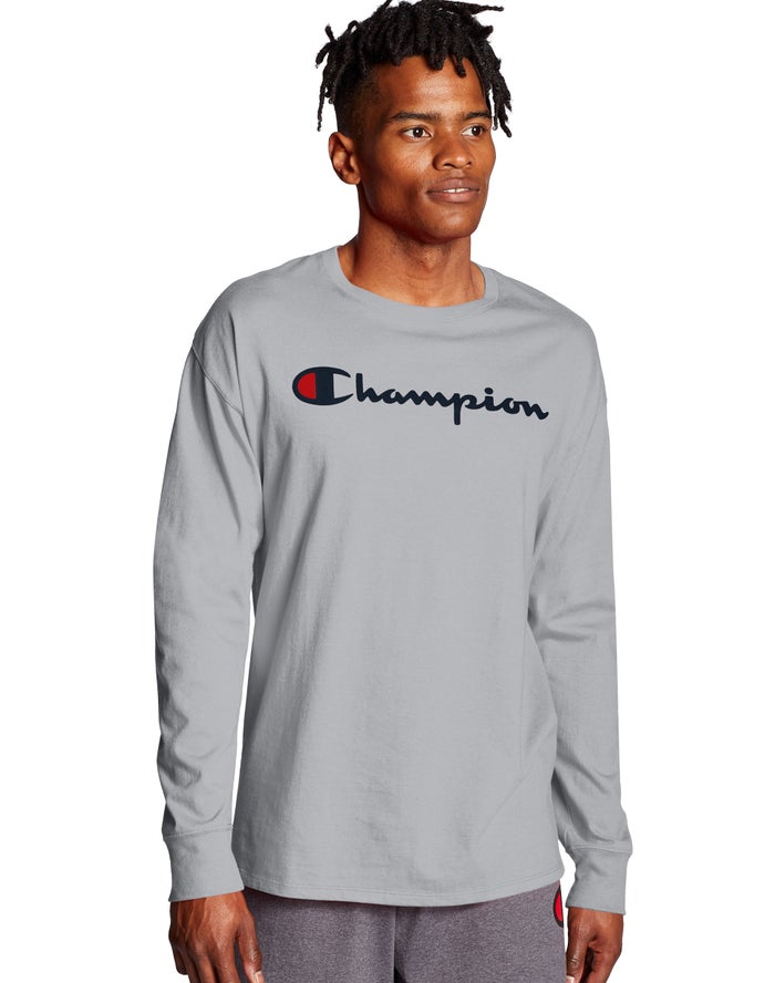 Tricou Champion Classic Long-Sleeve Script Logo Barbati Gri - Romania CZXMPRW-05